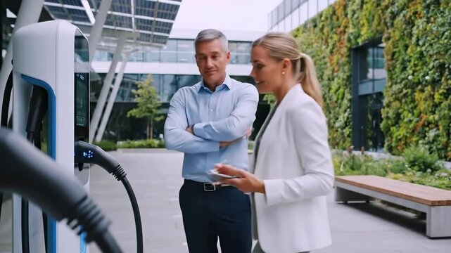 Caucasian executives inspect electric vehicle charger on green corporate campus facility manager pointing at charging port while sustainability consultant records notes on tablet modern glass