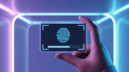 Card displays a glowing blue digital graphic of a fingerprint scan in the center, framed by digital scanning corners and a progress bar below.