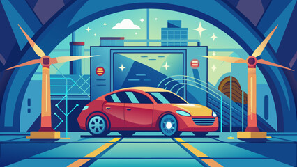 A red car is parked in front of a wind turbine. The car is surrounded by a tunnel and there are two wind turbines in the background. The scene gives off a futuristic and industrial vibe