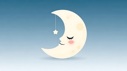 Obraz premium Cute Cartoon Moon with Sleeping Face and Hanging Star on Blue Background
