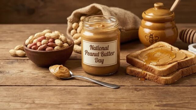 A rustic setup features creamy peanut butter in a jar, alongside fresh shelled and unshelled peanuts and honey-drizzled toast. This appetizing scene on a wooden table, complete with a spoon and honey 