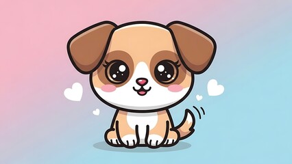 Obraz premium Cute Cartoon Puppy Dog with Big Eyes and Blush Cheeks Sitting on Pastel Background