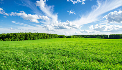 Obraz premium Beautiful spring landscape with green field and blue sky with white clouds