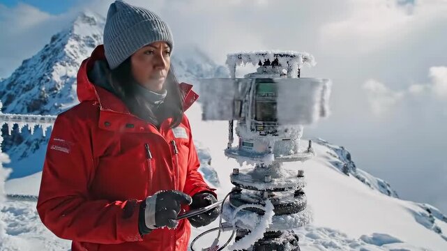 Snowy mountain researcher checks frozen sensor on summit, dressed in red parka and gray beanie, calibrating weather station covered in ice while wind and clouds sweep dramatic alpine backdrop
