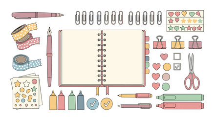A comprehensive stationery and journaling collection featuring a spiral notebook, pens, scissors, washi tape, paper clips, stickers, and highlighters.