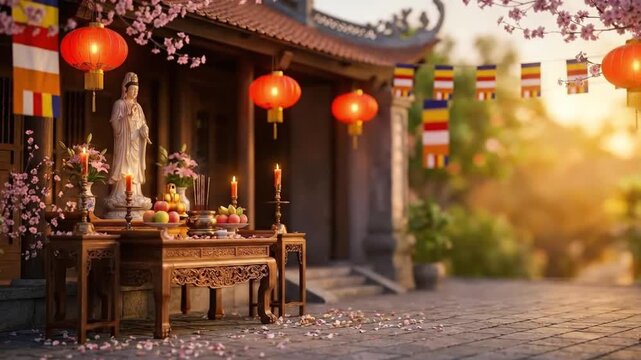 A serene and culturally evocative outdoor setting bathed in soft, warm light, possibly dawn or dusk. The scene features a beautifully crafted deity statue placed upon ornate wooden offering tables, wh