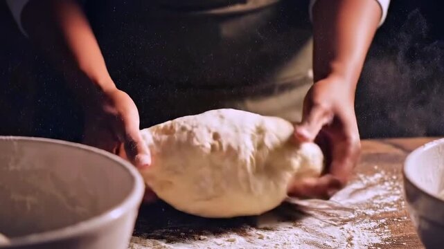 Baker shaping bread, Artisan kneads dough on board, Skilled baker crafts rustic bread with flour dusting and warmth, Warm lowlight highlights tactile process of shaping rustic loaf of bread