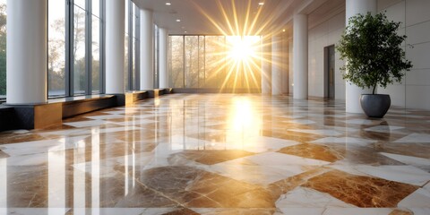 Naklejka premium Modern luxury marble lobby reflecting golden hour light