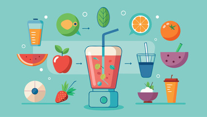 A colorful image of fruits and drinks, including a blender, a cup, and a bowl. The image conveys a healthy and refreshing mood, emphasizing the importance of consuming fresh fruits and vegetables