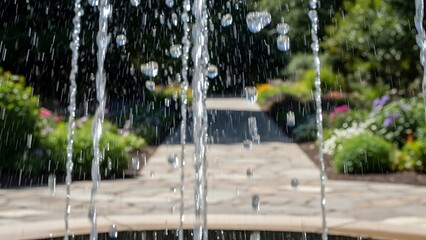 Water droplets falling from fountain in a vibrant garden