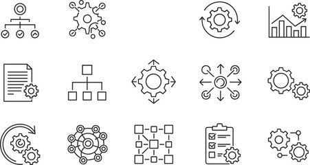 Business communication and teamwork line icons set illustrating collaboration, networking, leadership, organization, workflow, partnership, community building, project management and connectivity conc