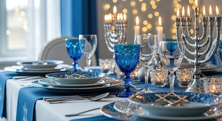 Elegant table setting for Jewish holiday celebration, featuring blue glassware, silver menorah, and decorative plates, creating a warm and inviting atmosphere for family gatherings