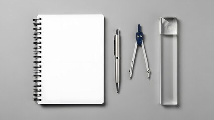 Flat Lay of School and Office Stationery Supplies on Gray Background, Notebook, Pen, Compass, and Prism