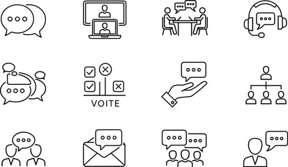 Comprehensive communication, support, online meeting, voting, feedback, and organizational structure line icons set vector illustration