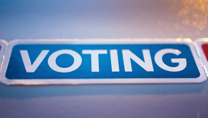 Close-up of a 'VOTING' sticker, symbolizing civic engagement and the democratic process