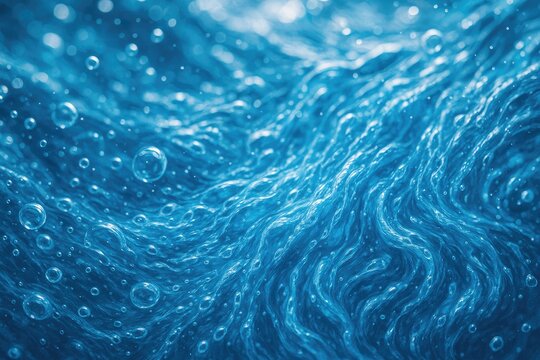 Close-up underwater bubbles and waves, fluid motion, clear blue water with light reflections - Powered by Adobe