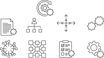 Business Process Management, System Integration, Workflow Automation, Data Optimization, Management Organization, Technology Development, and Digital Transformation Conceptual Line Icon Set