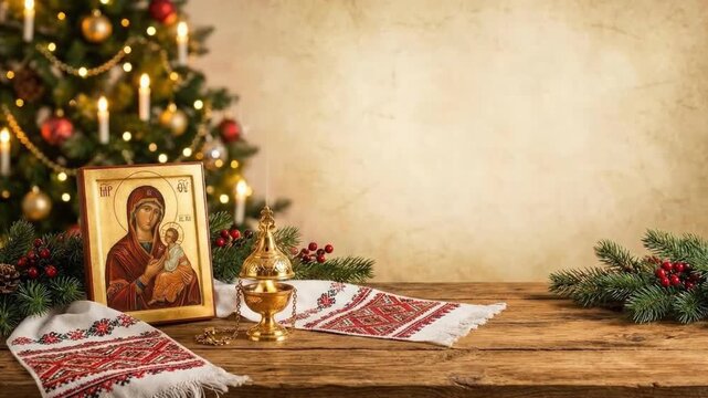 A serene and traditionally themed setup for the winter holidays, featuring a rustic wooden table adorned with meaningful cultural and spiritual elements. A beautifully framed religious icon, depicting