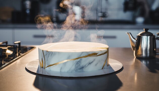 Elegant marble and gold cake steaming on a modern kitchen countertop, capturing fresh baked deliciousness
