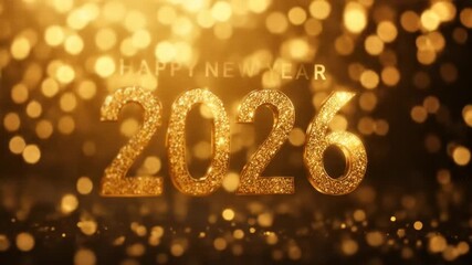 Animated golden light particles shining bokeh on a gold background and with the words HAPPY NEW YEAR and the numbers 2026 in gold color - symbolizing the new year. 4k video