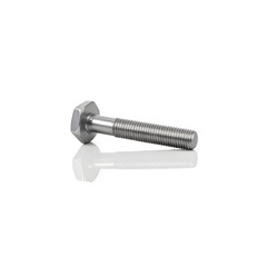 Steel bolt with crisp reflection on white background, industrial precision