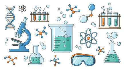 Detailed collection of chemistry laboratory equipment and scientific elements, including microscopes, beakers, test tubes, molecules, and DNA.