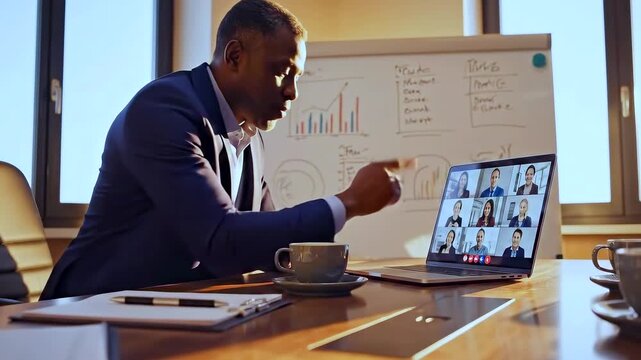 Business chief articulates vision during virtual meeting with visuals, Corporate leader effectively communicates strategic objectives to team members using digital presentation tools and visuals