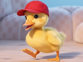 Adorable cartoon duckling wearing a red baseball cap walking happily