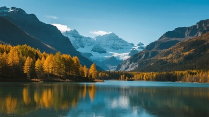 Autumn landscape with golden trees reflecting in a calm lake surrounded by snow-capped mountains
