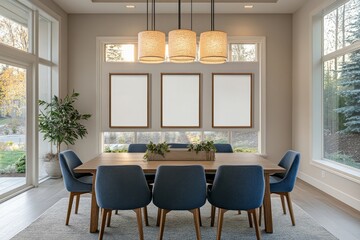 Stylish living room interior with an eating table and chairs, complemented by mockup frames for personalized design, Generative AI