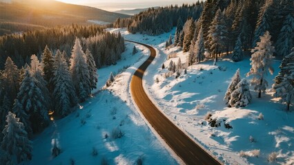 Aerial view of a winding road through a snow-covered forest at sunrise