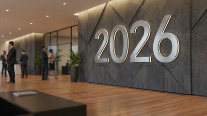 A sleek, modern office lobby showcases illuminated "2026" numbers on a textured wall. Blurred business professionals represent future planning, annual goals, growth, and corporate strategy in this con