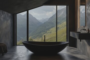 Minimalist bathroom with a dark bathtub and sink, against a dark wall with large windows overlooking mountains, showcasing modern living, Generative AI