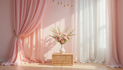 Beautiful bouquet of pink flowers in white vase sits on wicker table, surrounded by elegant pink and white curtains in sunlit room, creating serene atmosphere