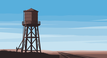Pixel art scene of a vintage water tower standing tall beside railroad tracks, stretching into the vast desert landscape under a clear blue sky.