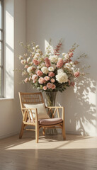 Sunlit room features wooden chair with cushion beside large vase of pink and white flowers, creating serene and elegant atmosphere. soft light enhances natural beauty of arrangement