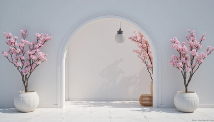 Serene minimalist courtyard features pink cherry blossom trees in white pots, set against white arched wall with hanging lamp, creating tranquil atmosphere