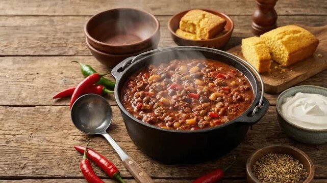 A steaming cast iron pot filled with a rich, hearty stew simmers on a rustic wooden table, exuding warmth and inviting aromas. This visually appealing dish features a vibrant mix of beans, savory grou