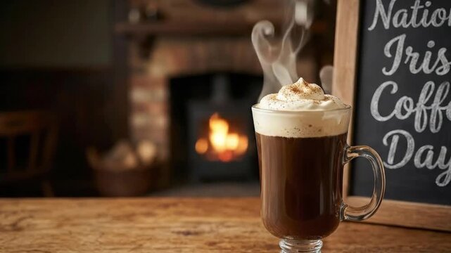 A steaming glass mug of rich, dark coffee is beautifully topped with a generous swirl of light, fluffy whipped cream, delicately sprinkled with powder, creating an inviting and indulgent specialty bev