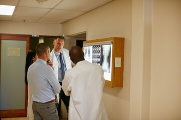 Discussion, meeting and x ray with doctors in hospital together for advice, feedback or consulting. Conversation, planning and radiology with medical people in clinic for assessment or healthcare