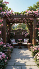 Charming garden patio with wooden pergola adorned with pink roses, featuring two cushioned chairs and small table, creating serene and inviting atmosphere