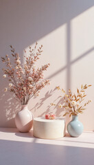 Soft sunlight casts shadows on minimalist arrangement of pastel vases with delicate flowers, creating serene and elegant atmosphere