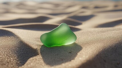 Green sea glass on sandy beach