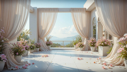 Serene terrace with flowing curtains and potted flowers overlooks scenic mountain view under clear blue sky, creating peaceful and elegant atmosphere