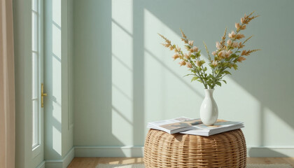 Sunlit room with wicker table holding white vase of flowers and magazines, creating serene and inviting atmosphere. Soft shadows from nearby window enhance peaceful setting