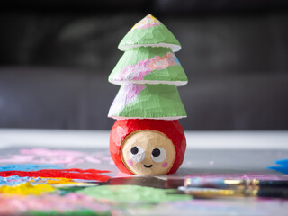 art toy wood carving cute wooden carved Basswood doll red merry christmas tree love happy xmas holiday celebration design acrylic color paint craft handmade decoration gift hobby model selected focus