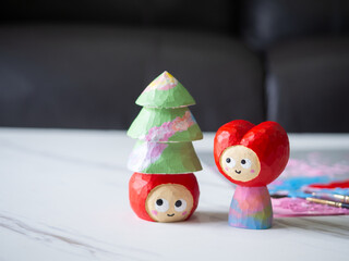 art toy wood carving cute wooden carved Basswood doll merry christmas tree red heart love happy valentine design acrylic color paint craft handmade decoration gift present hobby model selected focus