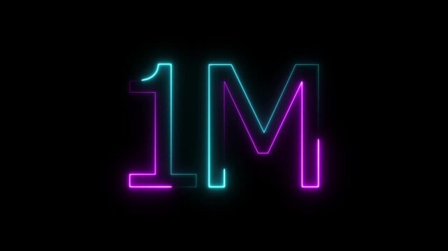 glowing neon 1m followers Celebration text animation. 1m animation neon text effect video motion on transparent background