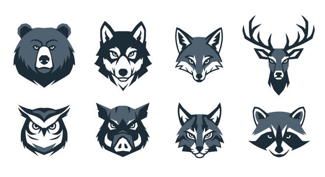 Collection of fierce pixel art wild animal head logos and mascots, featuring a bear, wolf, fox, deer, owl, boar, lynx, and raccoon.