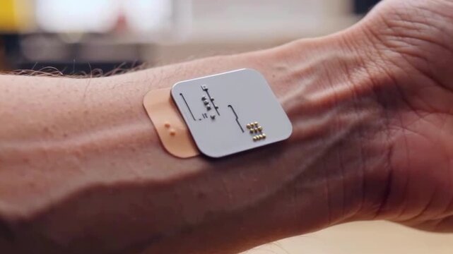 Clinician testing skin adhesive, Closeup of medical patch assessing vital signs on skin, Wearable device on Caucasian arm capturing realtime physiological data during therapy session